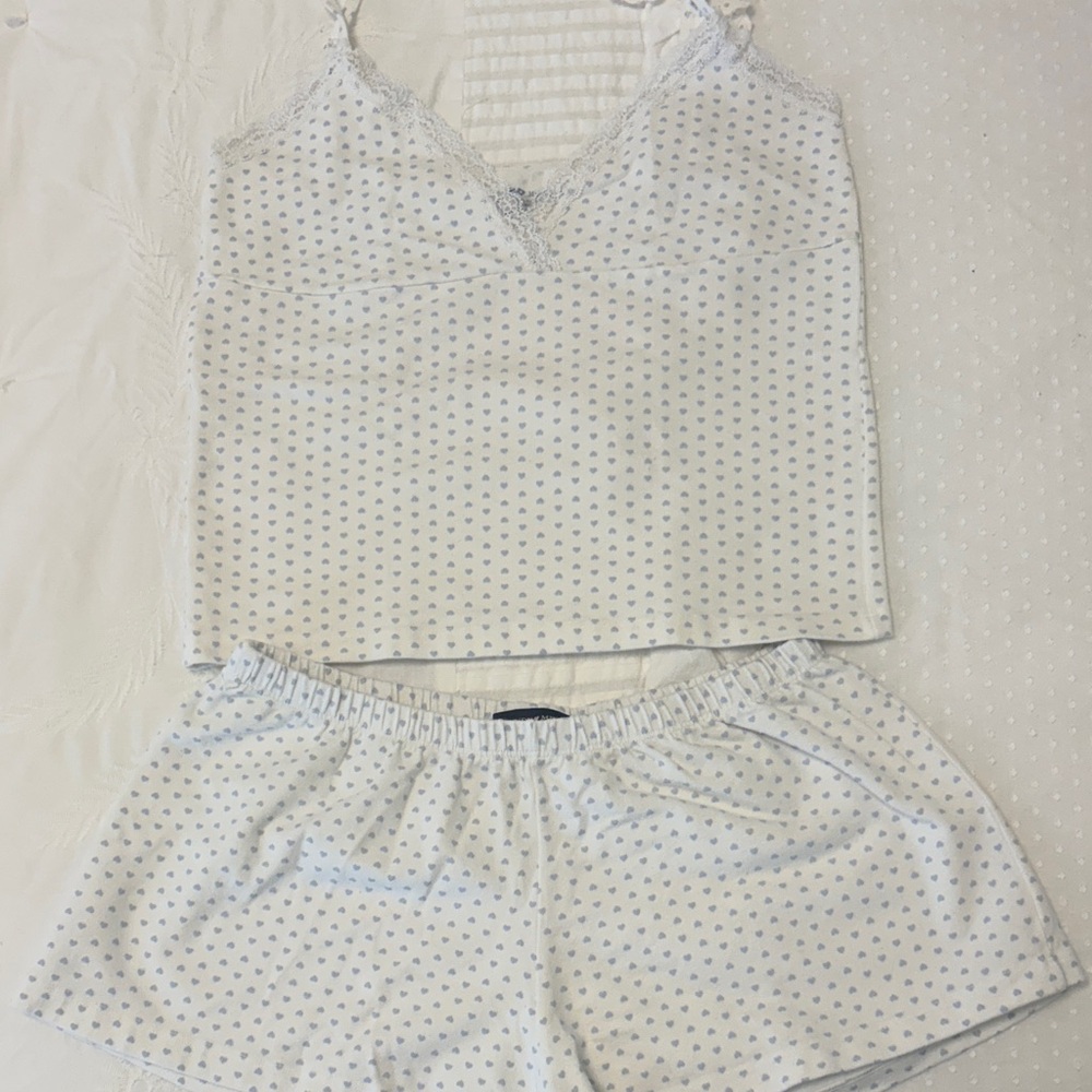 Brandy Melville White and Blue Heart Pajama Set